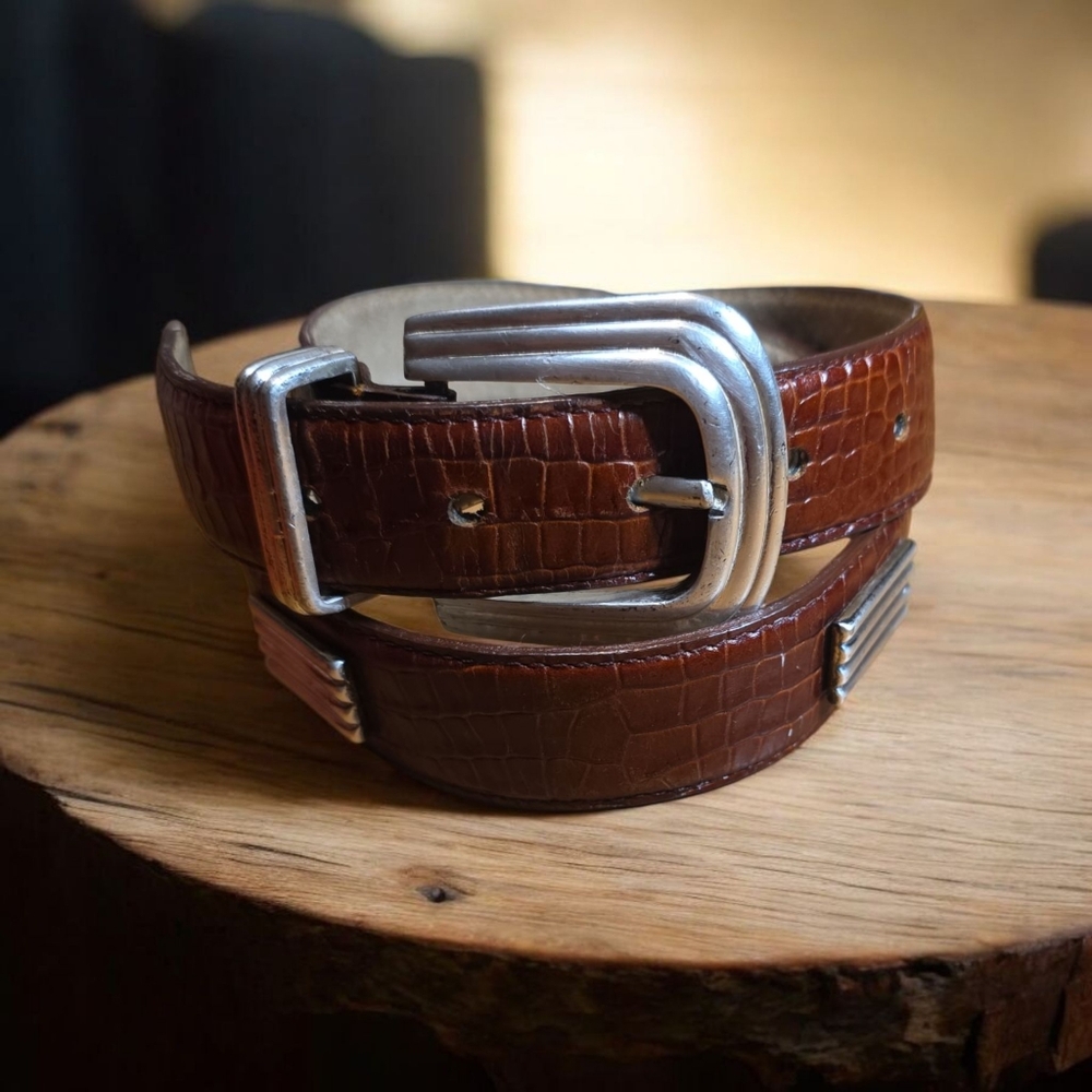 90s Sterling Collection Omega Belt Italian Leather Brown Croc Embossed Sz M USA